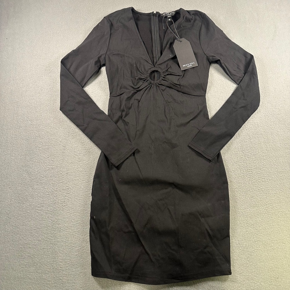 Brave Soul London Womens Black O-Ring V-Neck Long Sleeve Bodycon Dress NWT